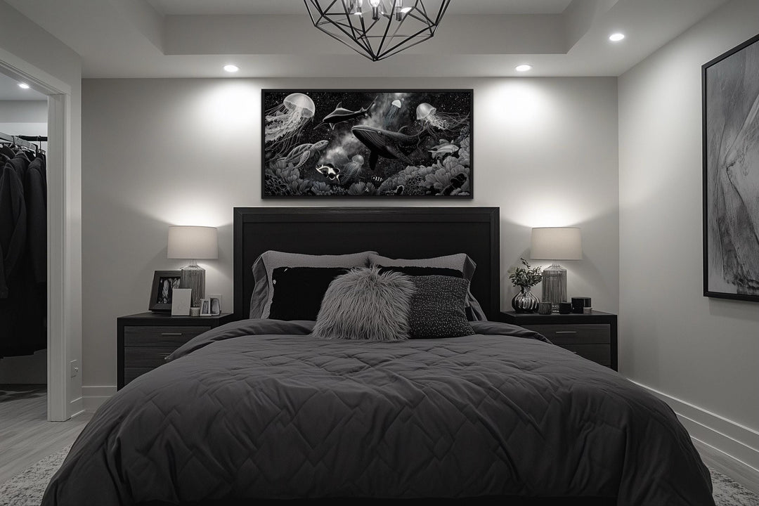 Black and White Underwater Ocean Scene Canvas Wall Art – Whale, Jellyfish, Sea Turtle, Coral Reef