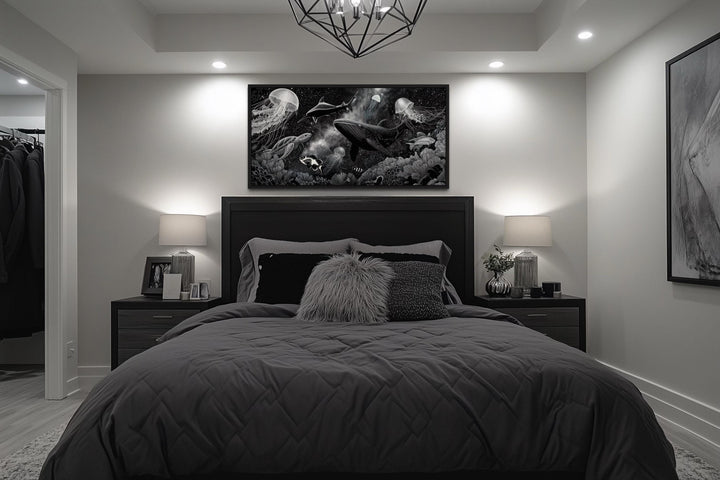 Black and White Underwater Ocean Scene Canvas Wall Art – Whale, Jellyfish, Sea Turtle, Coral Reef