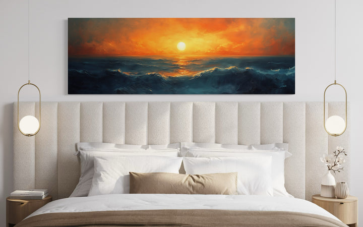 Ocean Sunset Long Horizontal Above Bed Framed Canvas Wall Art