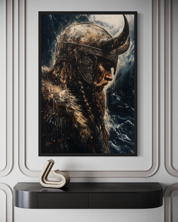 Viking On Ocean Background Framed Canvas Wall Art