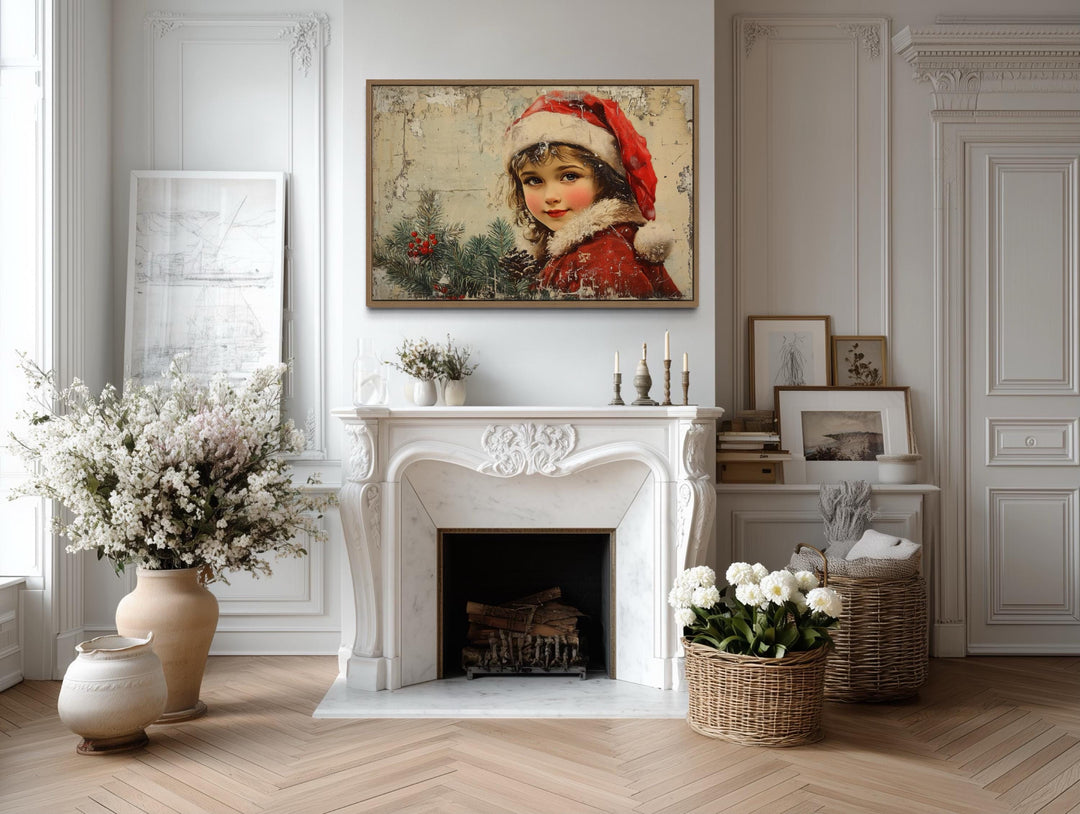 Vintage Christmas Girl in Red Santa Hat Canvas Wall Art