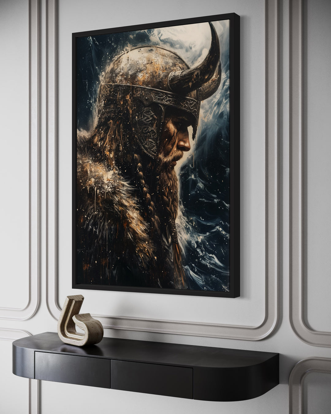 a painting of a viking with a horned head on a wall