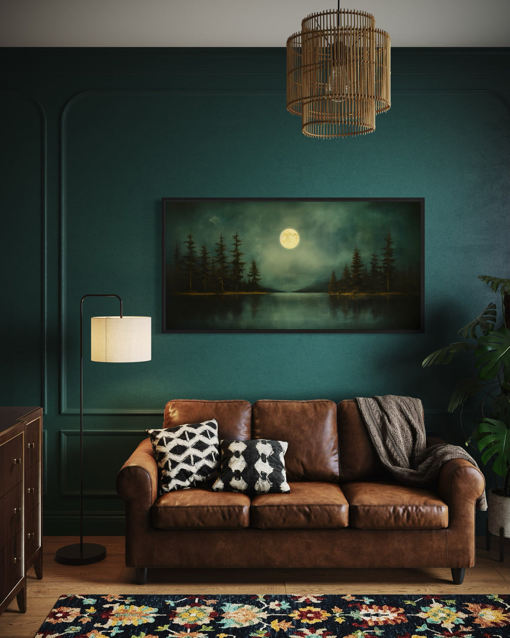 Emerald Green Lake, Forest Moon Vintage Framed Canvas Wall Art in a living room with a couch