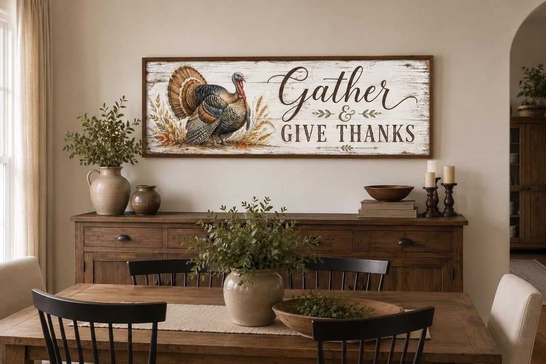 Farmhouse Thanksgiving wall art with a turkey and 'Gather & Give Thanks' text over a dining buffet.
