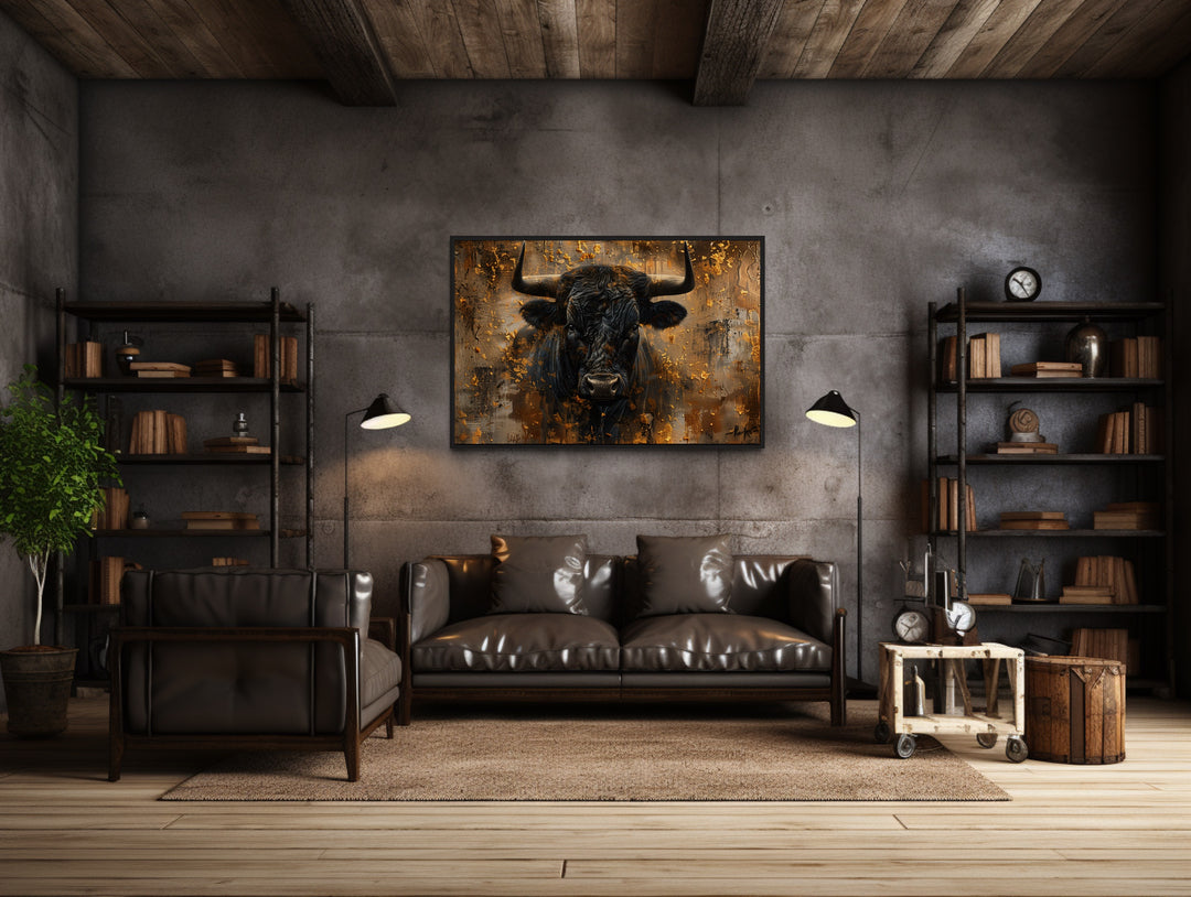 a living room with a cow painting on the wall