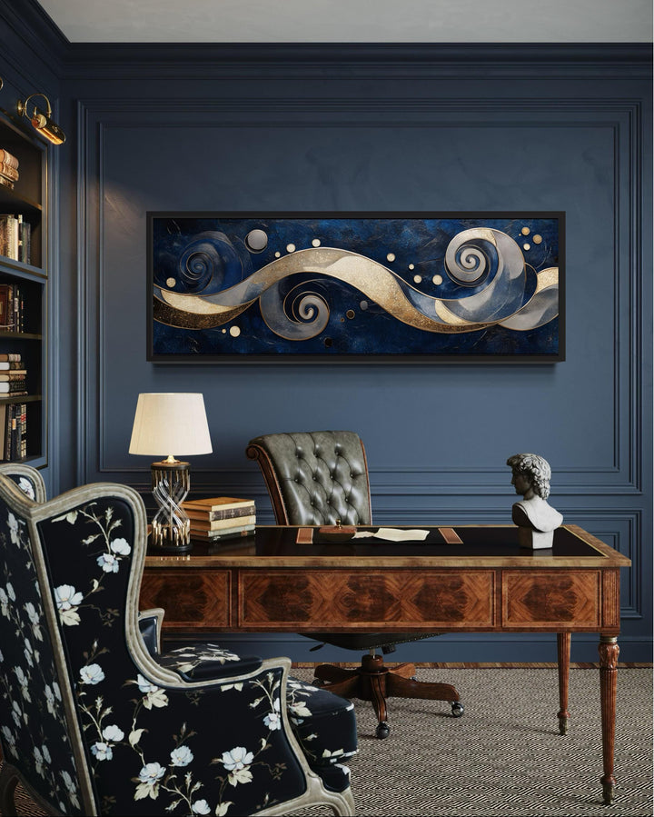Navy and Gold Abstract Swirl Canvas Art - Elegant Galaxy-Inspired Horizontal Print for Modern Living Room Decor