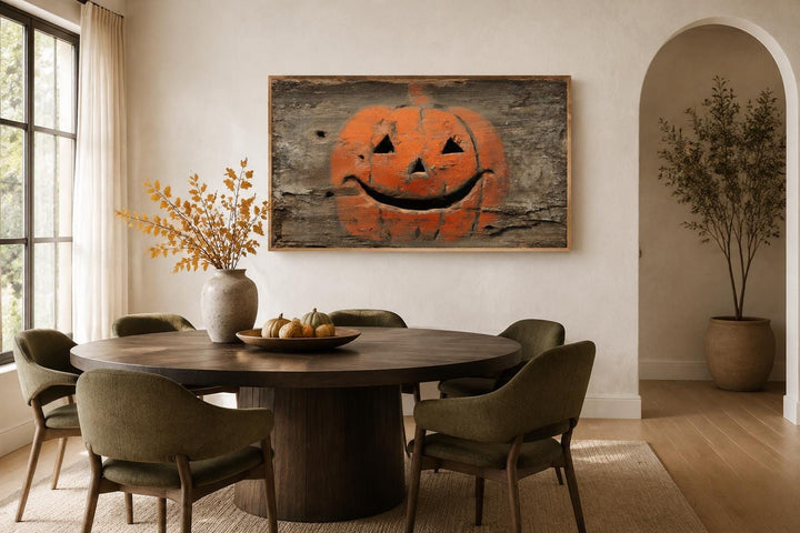 Primitive jack-o'-lantern canvas wall art on weathered wood background in a rustic dining room.