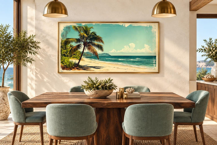 Vintage Style  Tropical Beach With Palm Tree Canvas Wall Art