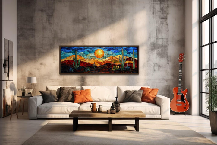 Southwest Desert Sunset Cactus Landscape Stained Glass Style Long Horizontal Canvas Wall Art