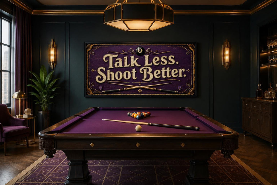 Talk Less Shoot Better Vintage Pool Hall Sign with Crossed Cues and 8-Ball, Purple Gold Billiards Wall Art