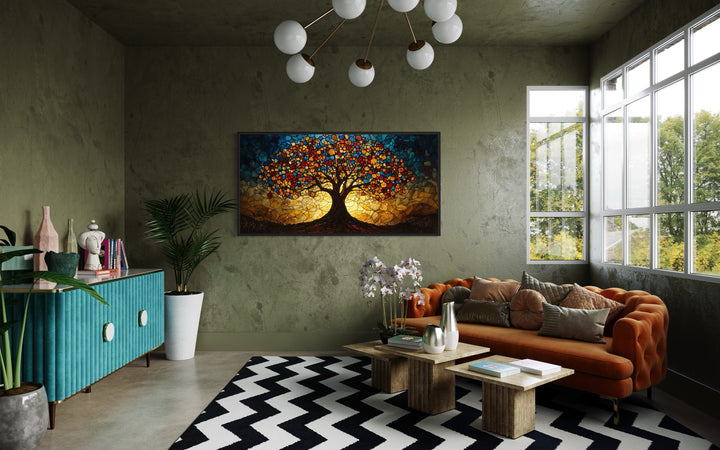 Yggdrasil Framed Canvas Wall Art In Stained Glass Style in living room