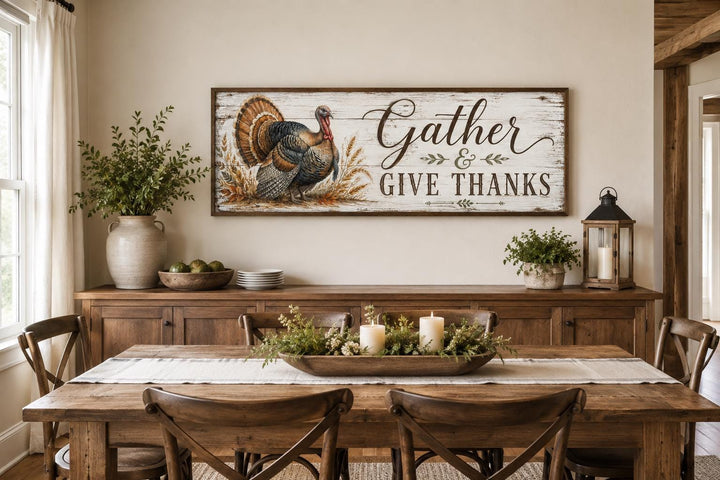 Rustic turkey wall art with 'Gather & Give Thanks' text above a farmhouse dining table.