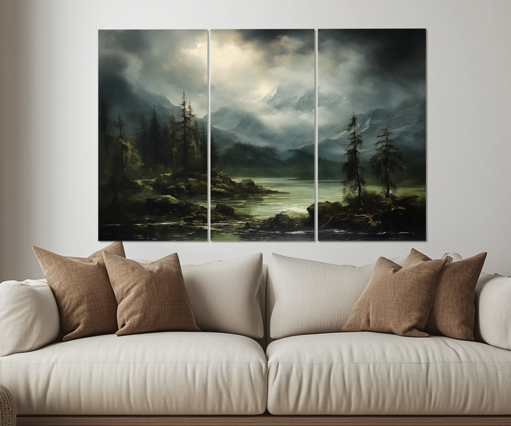 5 Piece Moody Antique Mountain River Emerald Green Landscape Multi-Panel Wall Art in a living room with a couch