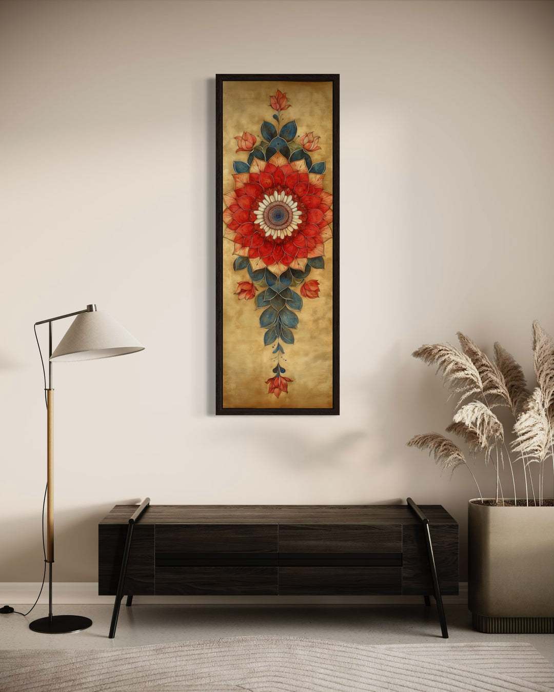 Tall Vertical Narrow Boho Floral Mandala Tapestry Framed Canvas Wall Decor in hallway