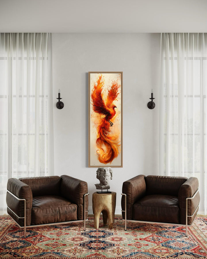 Tall Narrow Orange Beige Phoenix Framed Canvas Wall Art