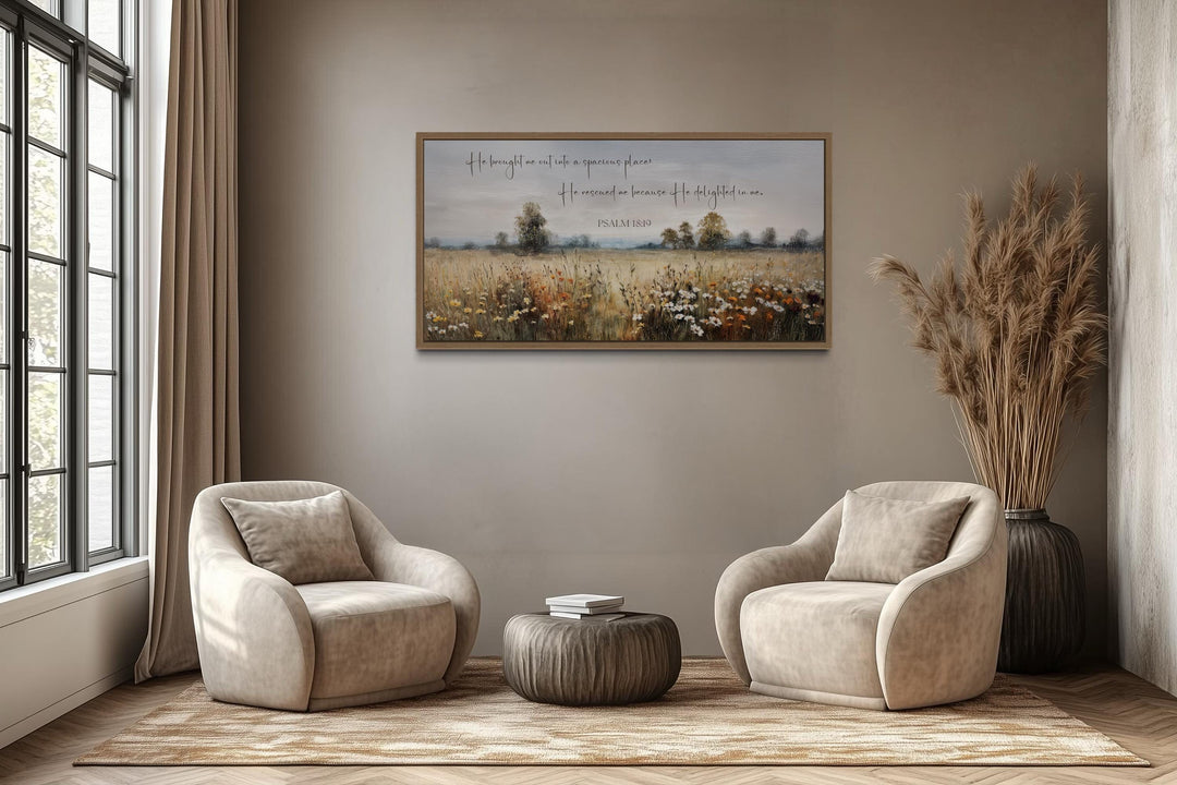 Psalm 18:19 Wall Art, He Brought Me Out Into a Spacious Place Scripture On Wildflowers Field Framed Canvas Wall Art