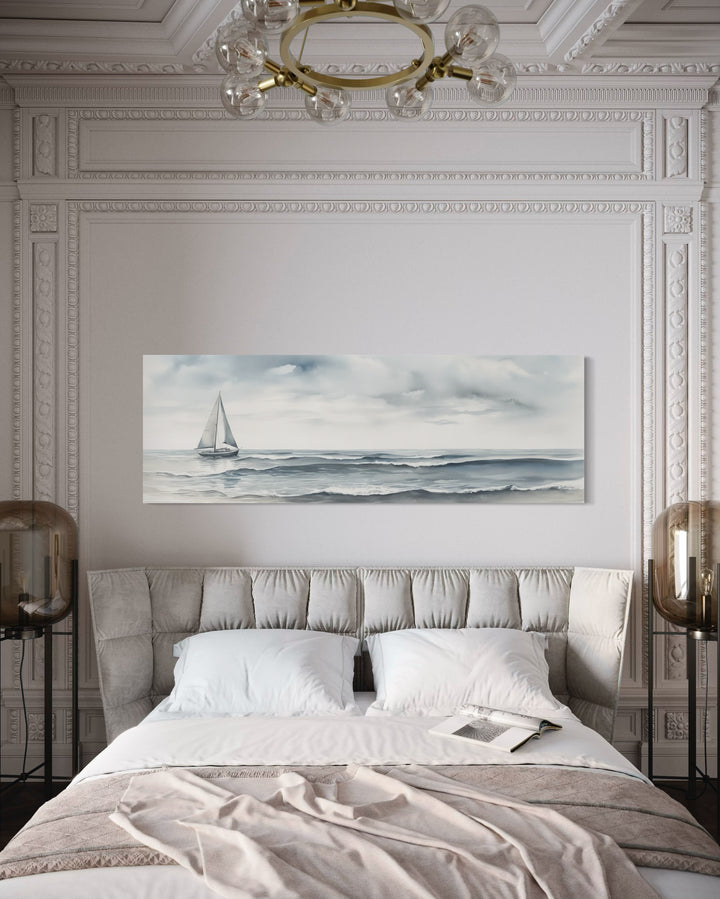 Grey Ocean And Sail Boat Coastal Horizontal Above Bed Canvas Wall Art