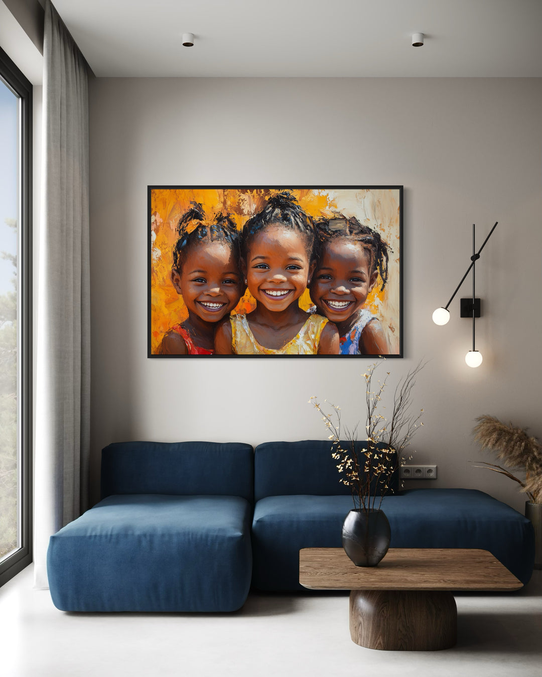 Happy Smiling Black Girls Framed Canvas Wall Art in a living room with a couch and a painting on the wall