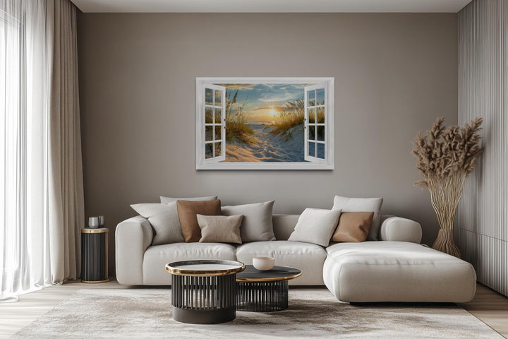 Fake Open Window View Beach Sunset Canvas Wall Art With Dunes and Beach Grass