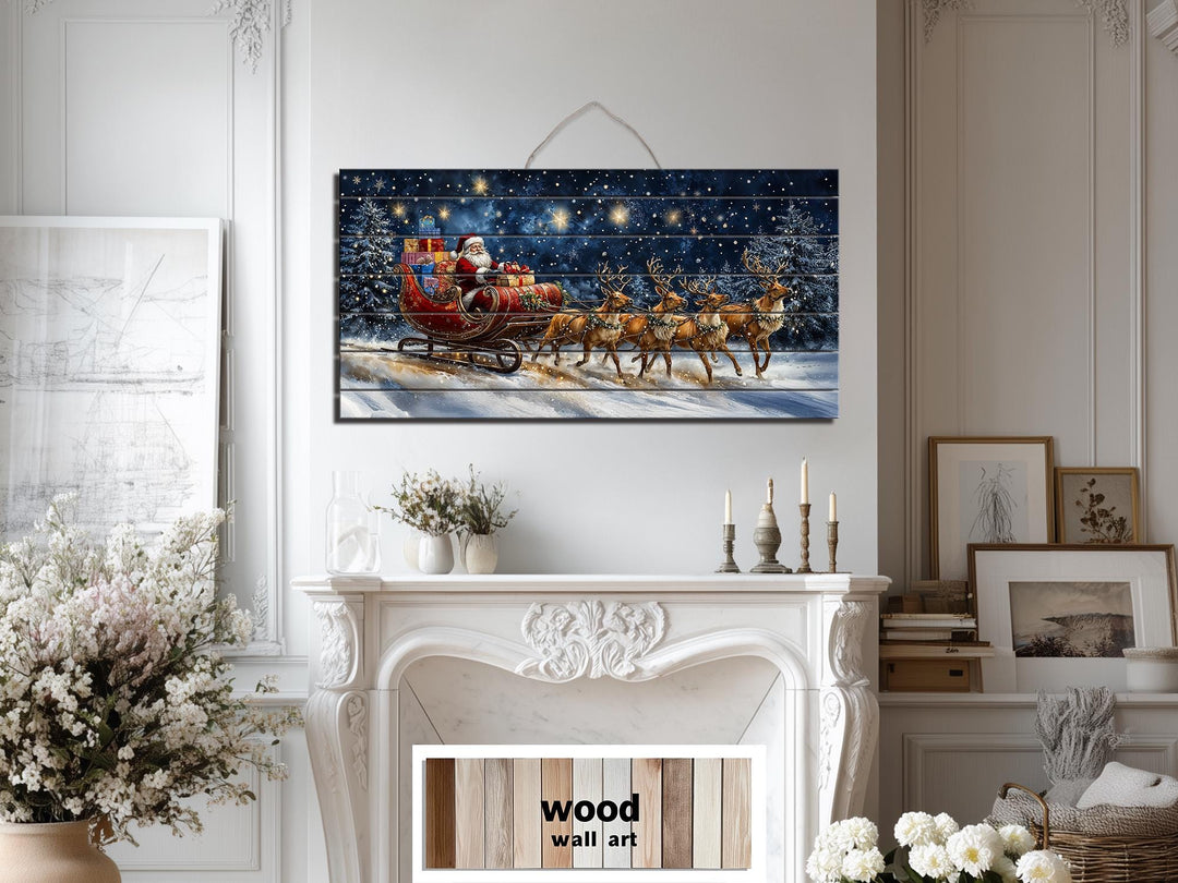 Christmas Wall Art - Rustic Santa Claus In Sleigh and Reindeer Distressed Wood Wall Art