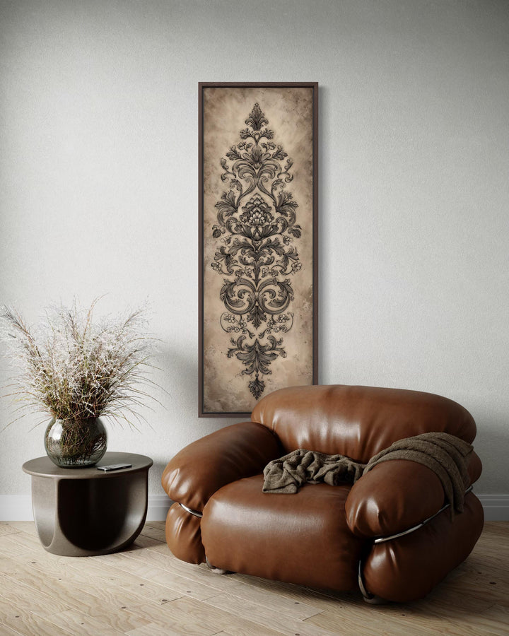 Vertical tall narrow canvas wall art featuring an antique French ornamental damask design.