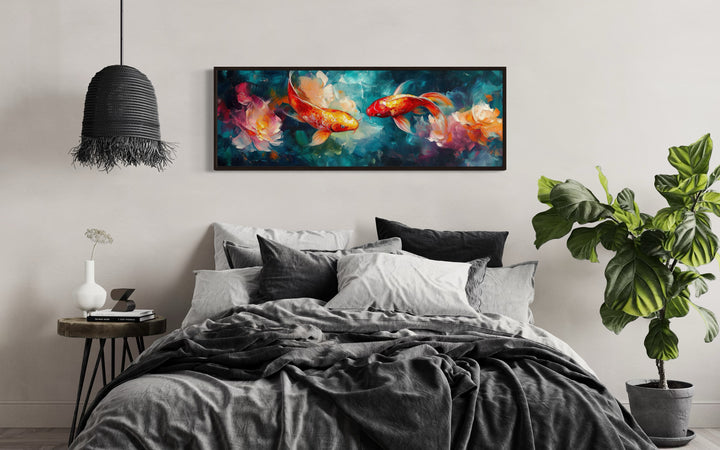 Colorful Koi Fish In The Pond Long Narrow Framed Canvas Wall Art in bedroom