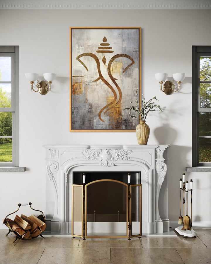 Minimalist gold Lord Ganesha canvas wall art in a gold frame above a white fireplace.