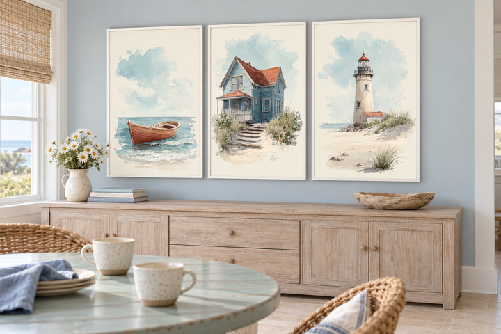 Set of 3 beach house watercolor prints featuring a rowboat, coastal cottage, and lighthouse.