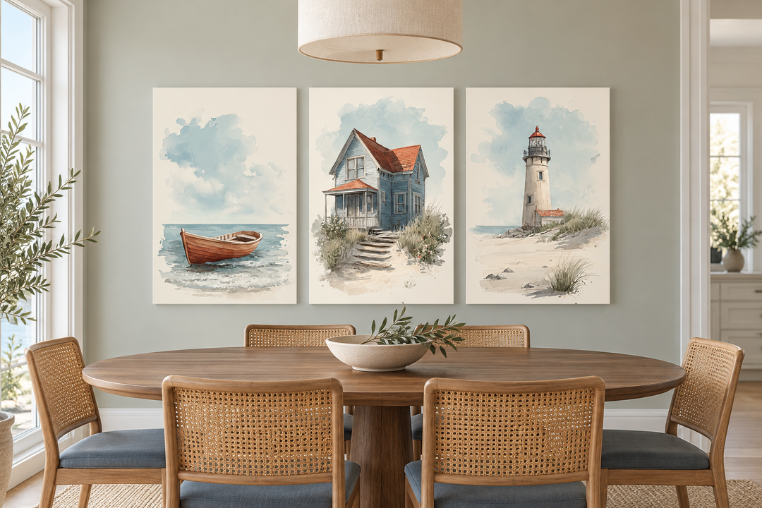 Set of 3 watercolor beach house wall art prints featuring a boat, cottage, and lighthouse.