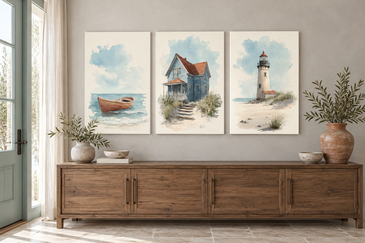 Set of 3 watercolor beach house wall art prints featuring a boat, cottage, and lighthouse.