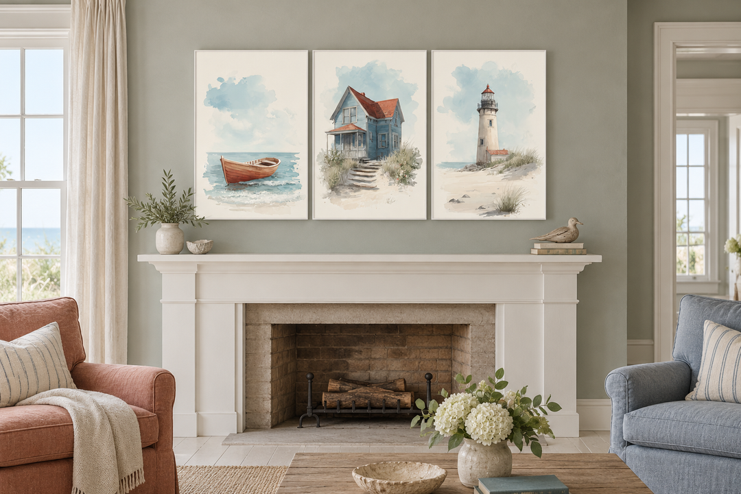 Set of 3 watercolor beach house wall art prints featuring a boat, cottage, and lighthouse.
