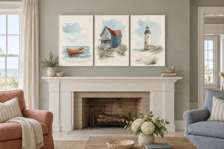 Set of 3 watercolor beach house wall art prints featuring a boat, cottage, and lighthouse.
