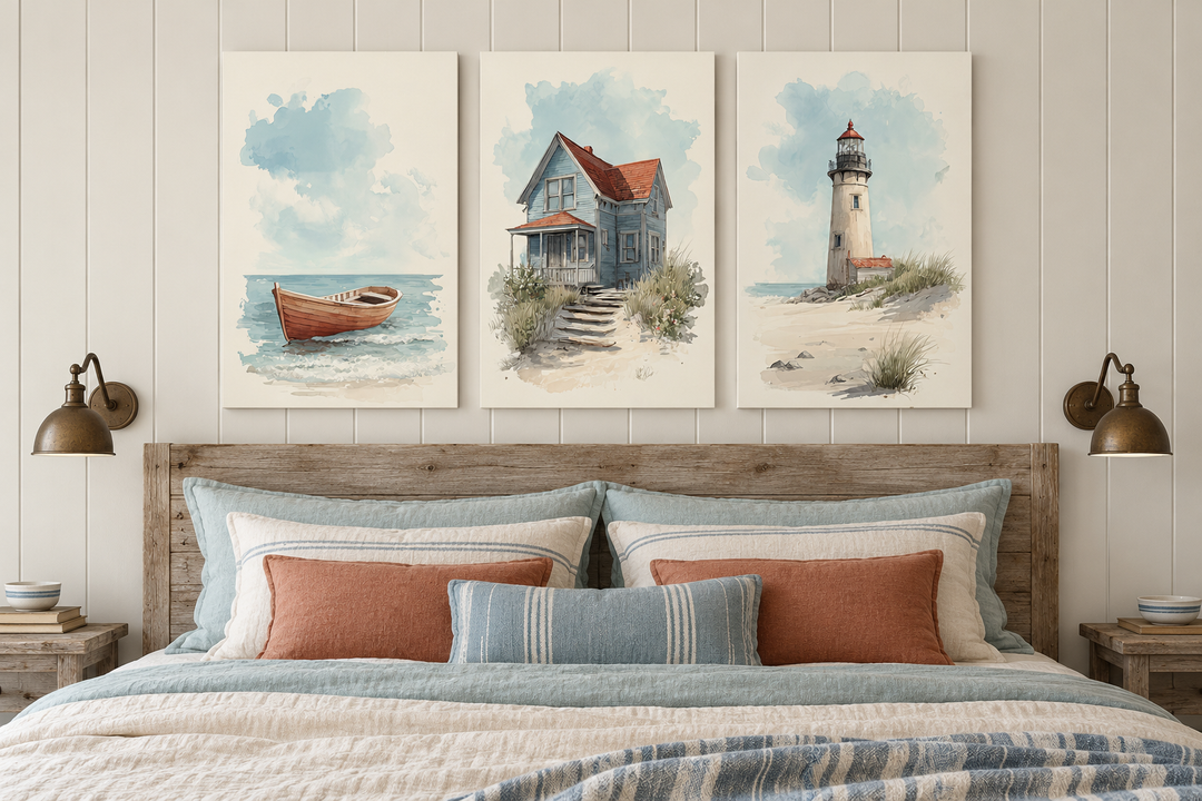Set of 3 coastal watercolor prints featuring a rowboat, beach house, and lighthouse above a bed.