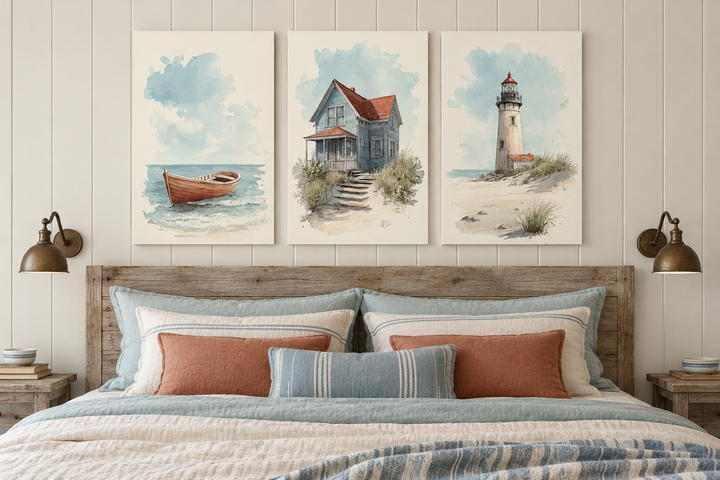 Set of 3 coastal watercolor prints featuring a rowboat, beach house, and lighthouse above a bed.
