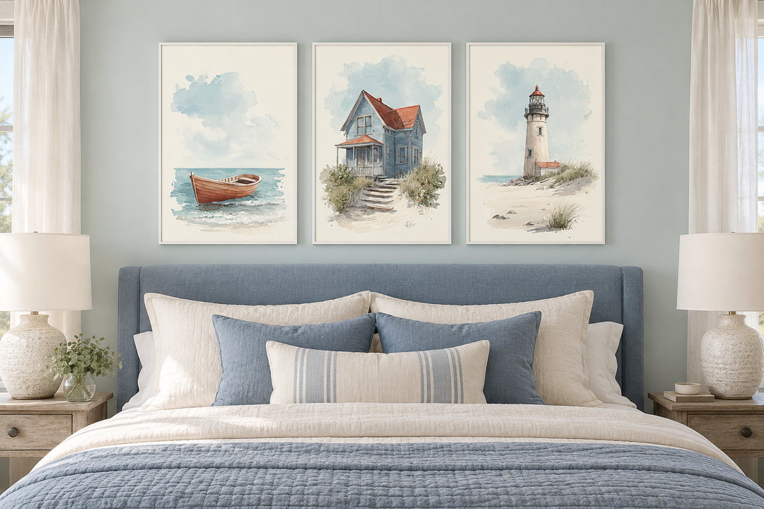 Set of 3 watercolor beach house wall art prints featuring a boat, cottage, and lighthouse.