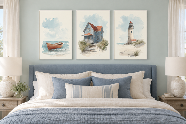 Set of 3 watercolor beach house wall art prints featuring a boat, cottage, and lighthouse.