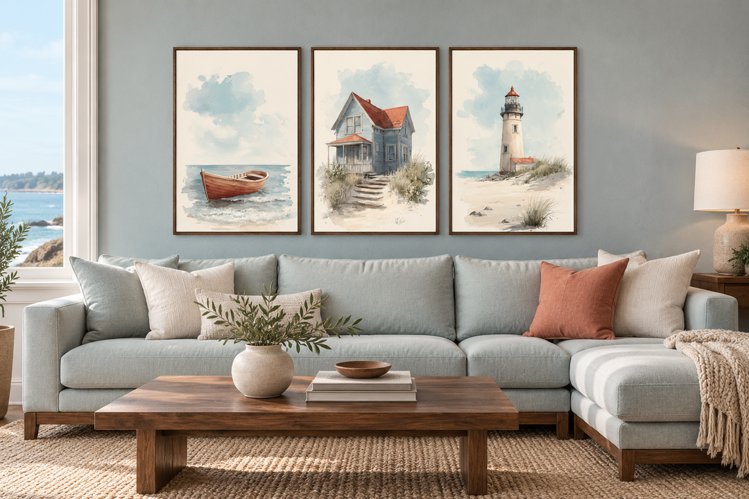 Set of 3 framed watercolor prints featuring a boat, a beach house, and a lighthouse above a sofa.