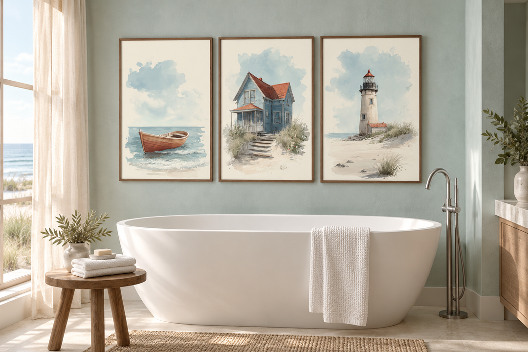 Set of 3 watercolor beach house wall art prints featuring a boat, house, and lighthouse.