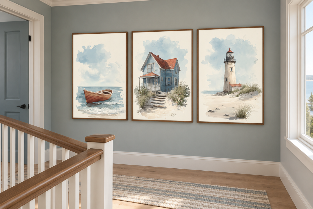 Set of 3 watercolor beach house wall art prints featuring a boat, cottage, and lighthouse.