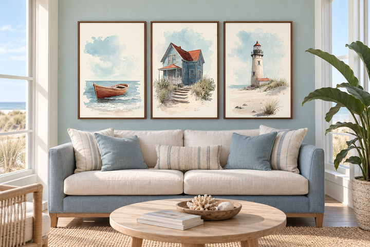 Set of 3 framed watercolor beach house wall art prints above a blue and cream sofa.
