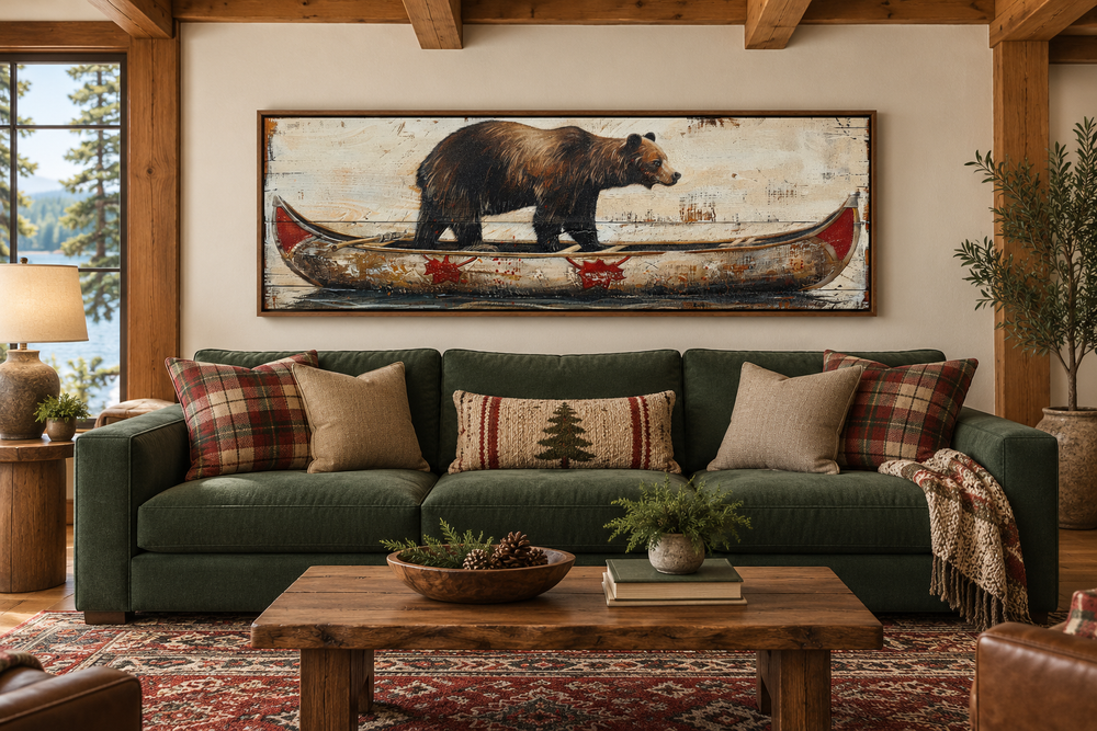 Bear in canoe long horizontal framed canvas wall art above a green sofa in a rustic cabin.