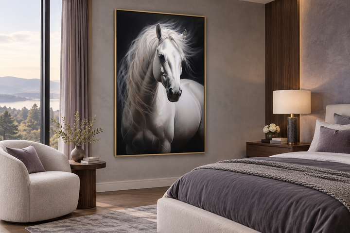 Framed vertical canvas wall art of a white horse with a flowing mane on a black background.