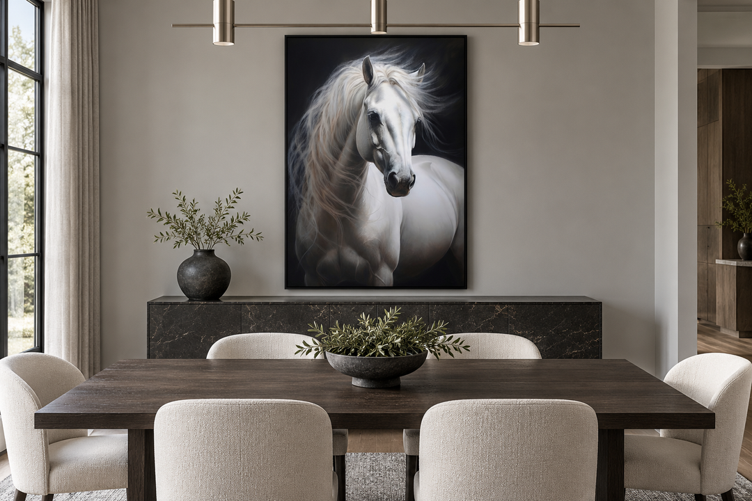 Vertical framed canvas wall art of a white horse with a flowing mane against a black background.