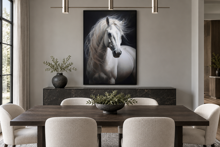 Vertical framed canvas wall art of a white horse with a flowing mane against a black background.