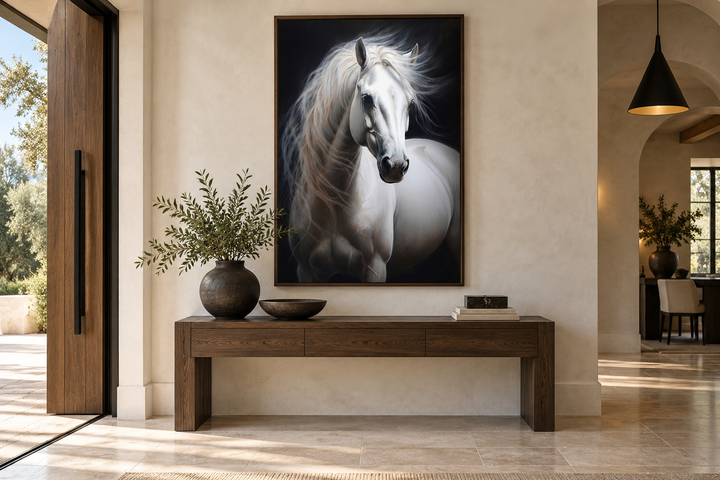 Framed vertical canvas art of a white horse with a flowing mane against a black background.
