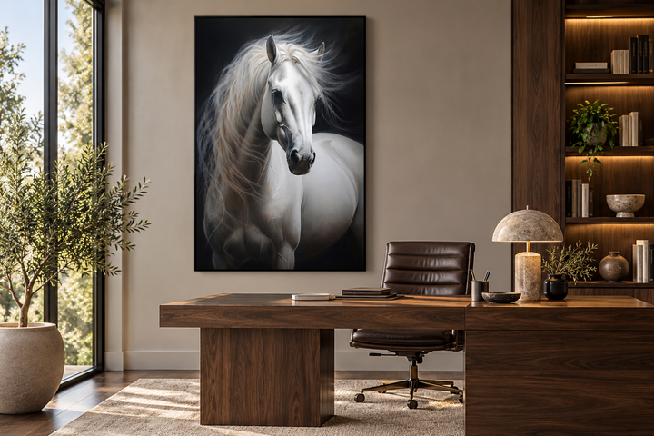 Framed canvas wall art of a white horse with a flowing mane against a black background in an office.