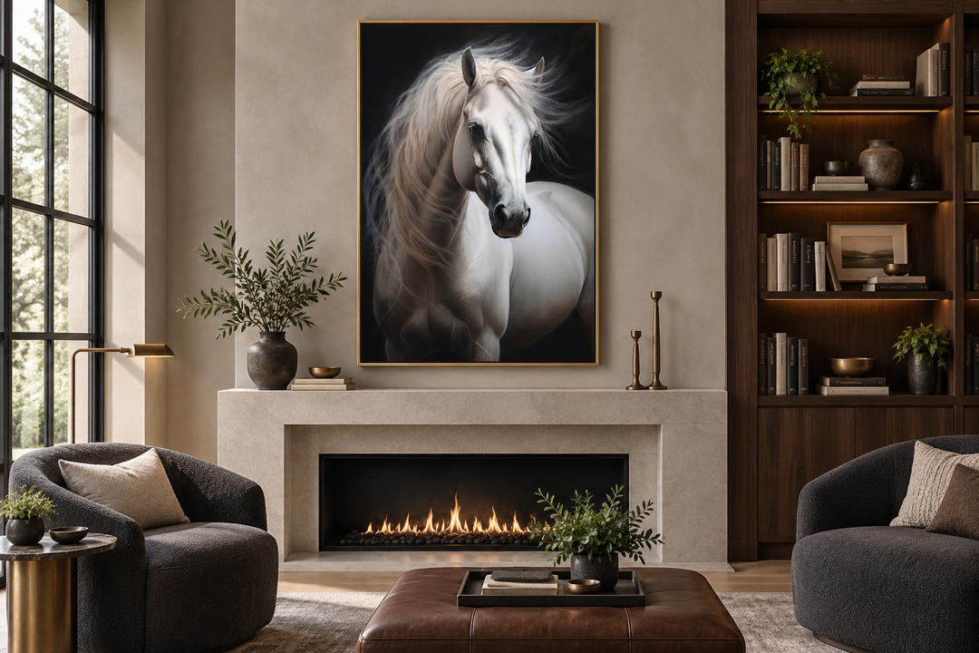 Framed vertical canvas wall art of a white horse with a flowing mane on a black background.