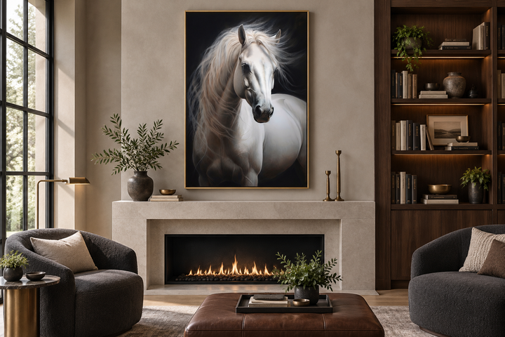 Framed vertical canvas wall art of a white horse with a flowing mane on a black background.