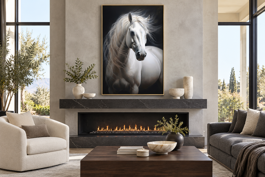 Framed canvas wall art of a white horse with a flowing mane against a black background.