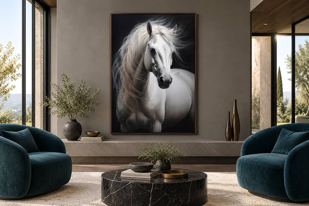 Vertical framed canvas wall art of a white horse with a flowing mane against a black background.